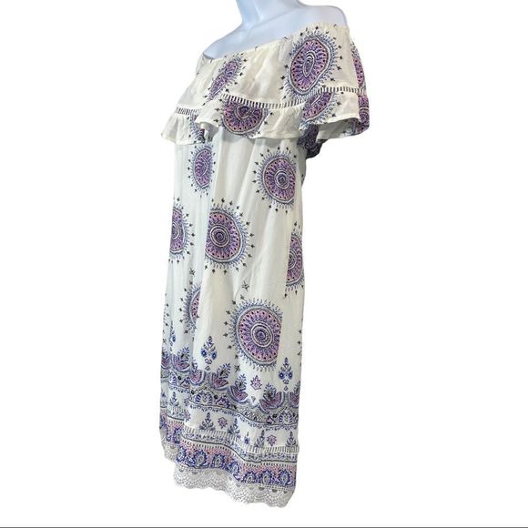 listicle White Medallion Print Off Shoulder Mini Dress Small - Picture 3 of 6